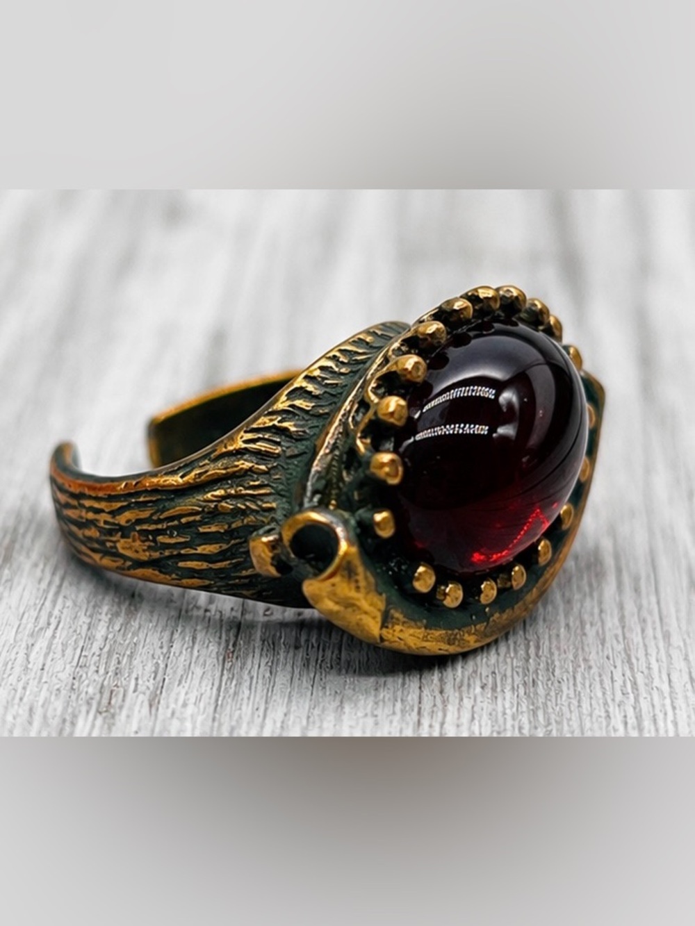 516. Vintage Ruby Red Glass Cabochon Statement Ring Antique Gold Tone Adjustable